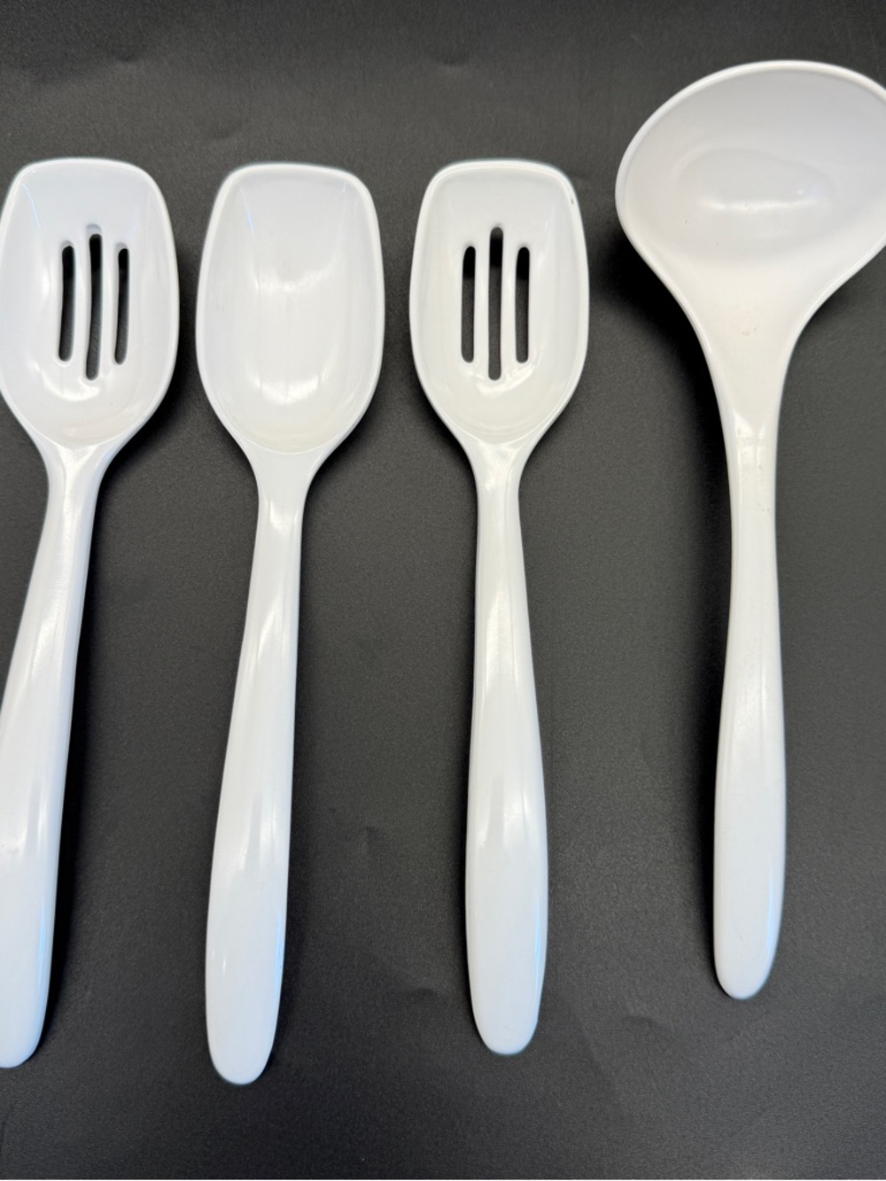 4 Vintage Hutzler Melamine Kitchen Utensils White Spoons & Soup Ladle 7.25” Long